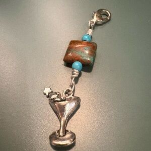 Silver and Turquoise martini glass zipper pull